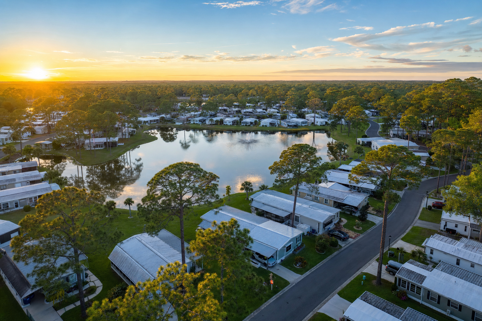 Aerial view of mobile home community surrounded by Florida nature