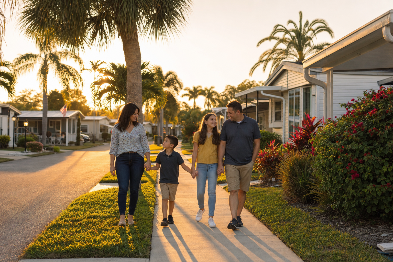 Family walking through Lake Harper mobile home community at sunset